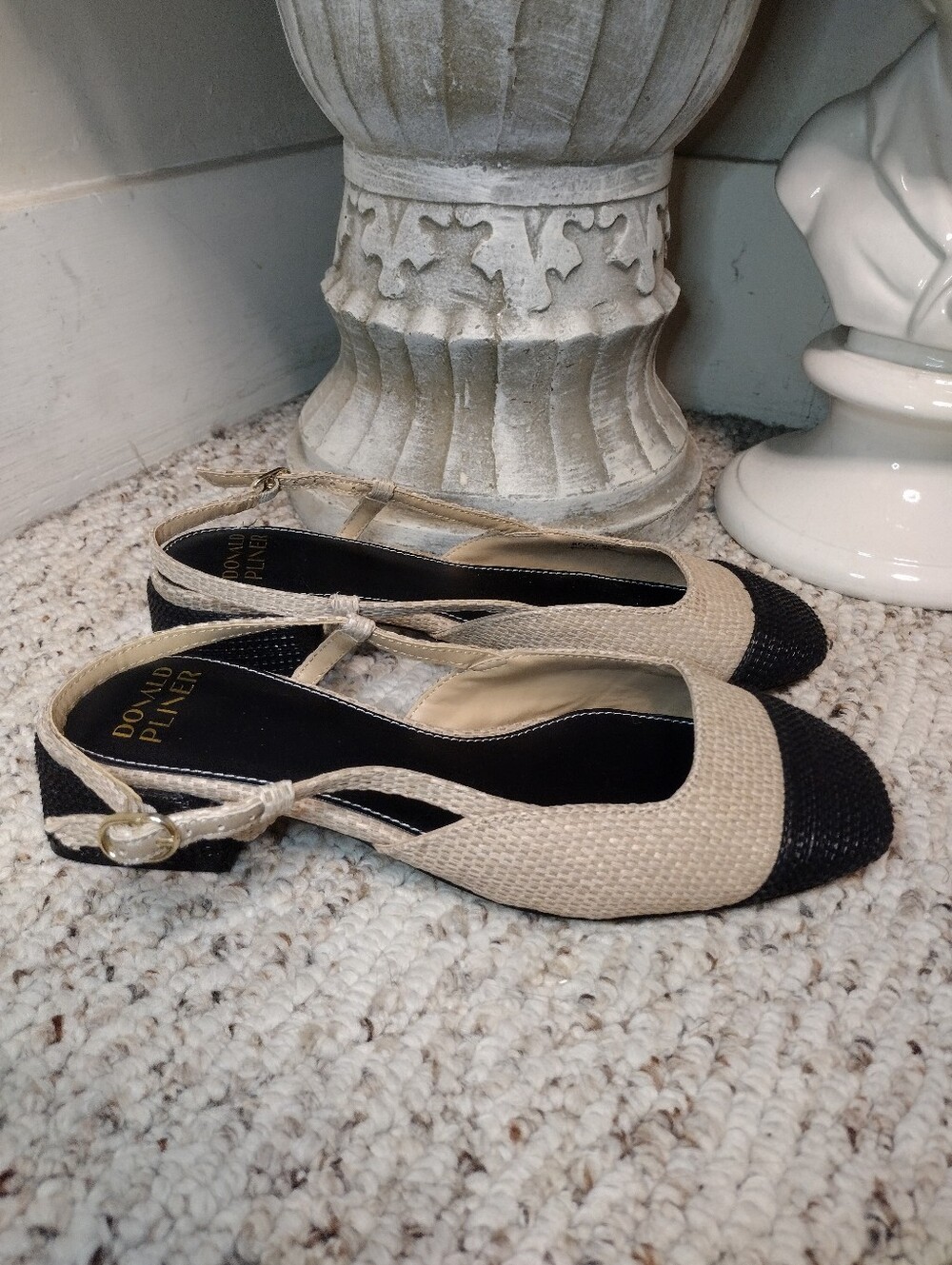 Donald J. Pliner Reval Beige/Black Chanel Style, Cap Toed Raffia Slingback Flats